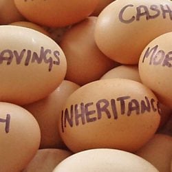 Eggs in a basket with financial terms
