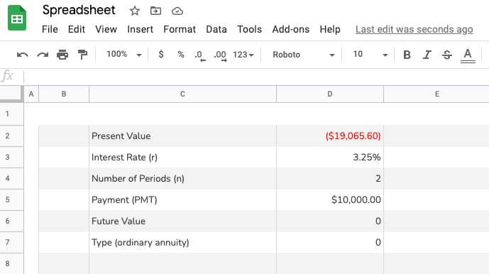 Calculating the present value of an annuity in a spreadsheet