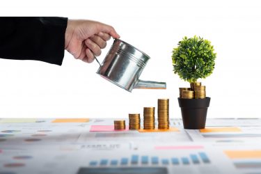 Woman watering coins and money growing