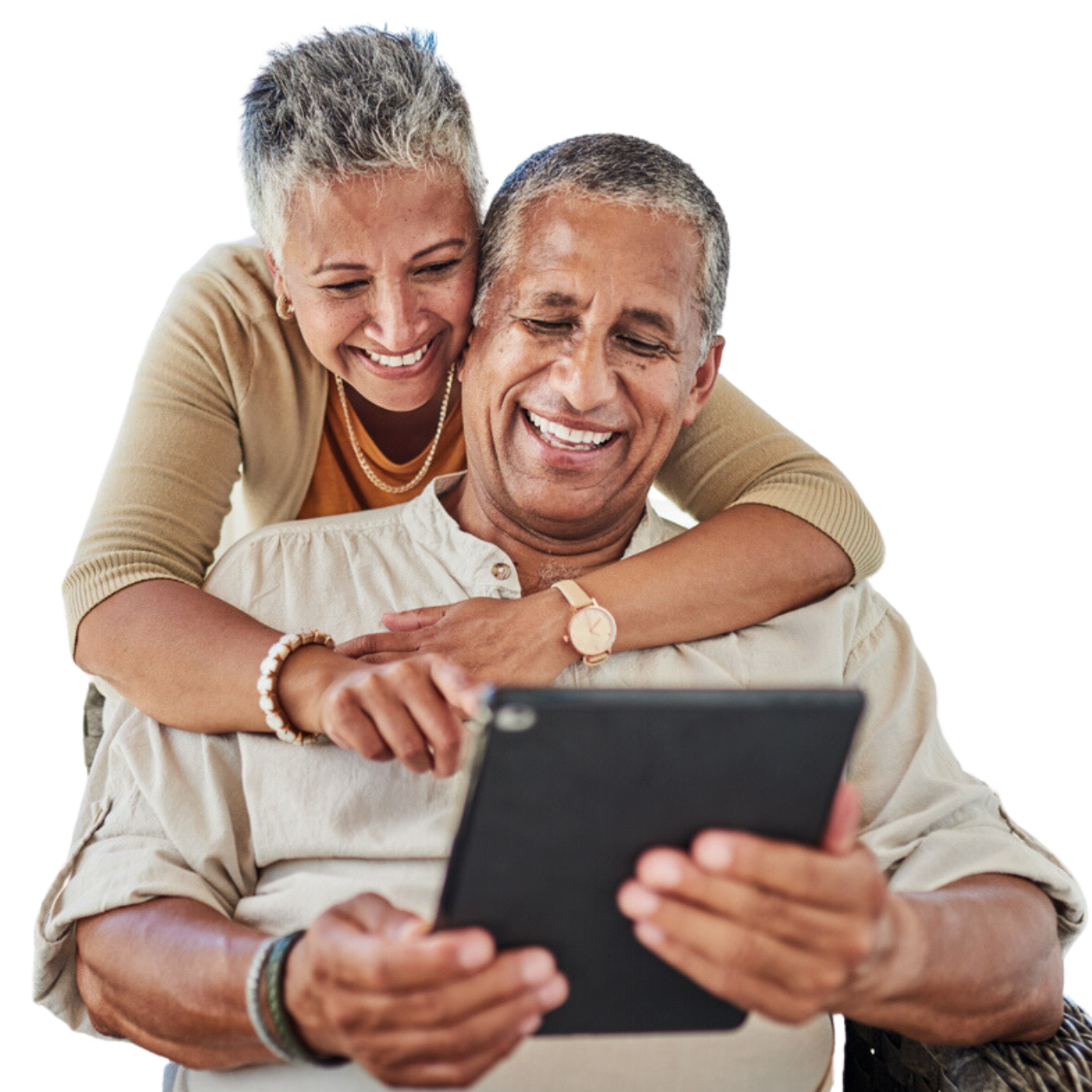 Older couple looking at tablet together, smiling