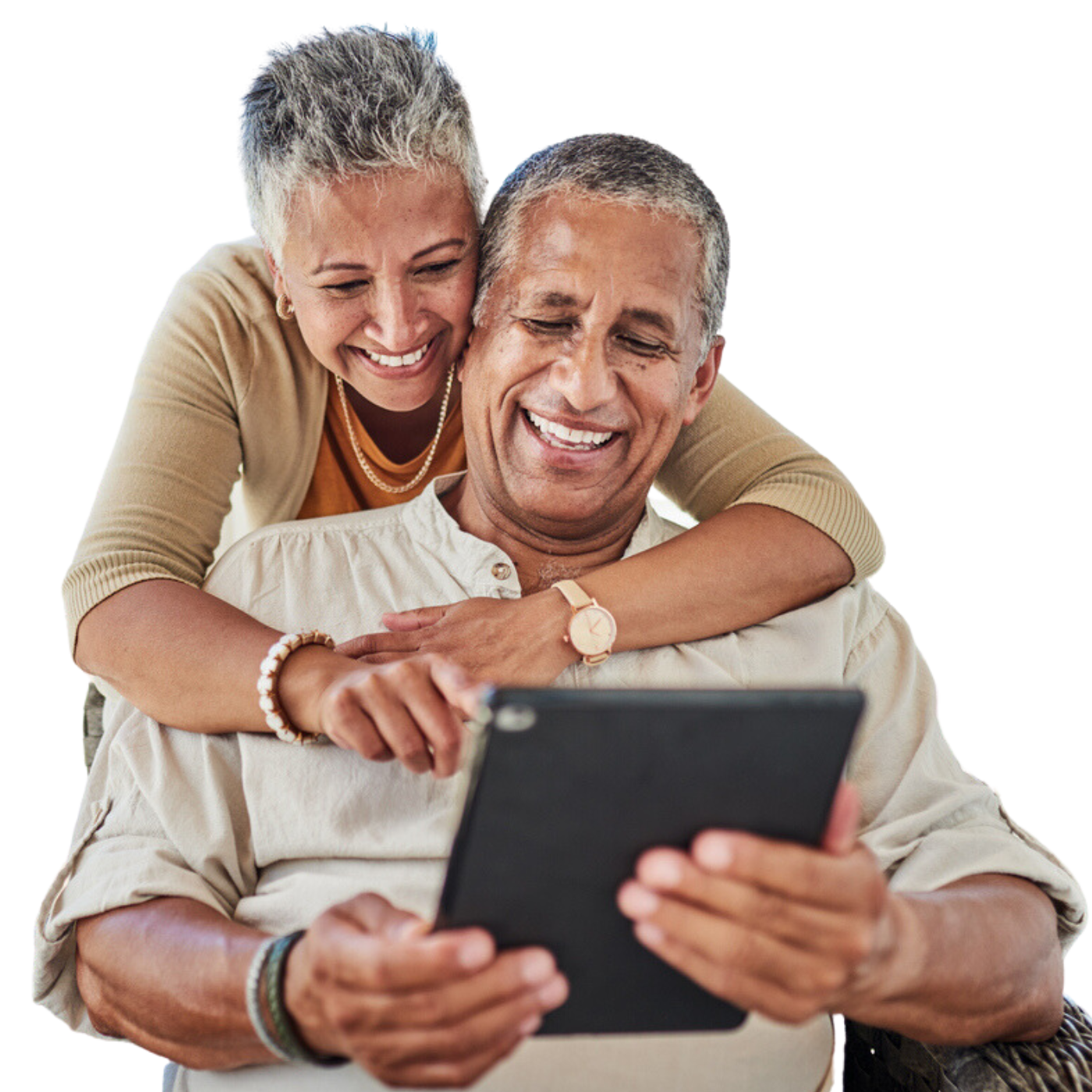 Older couple looking at tablet together, smiling