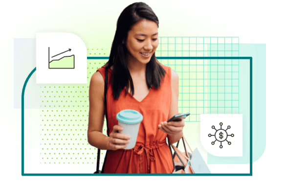 Woman with coffee looking at cell phone accent po