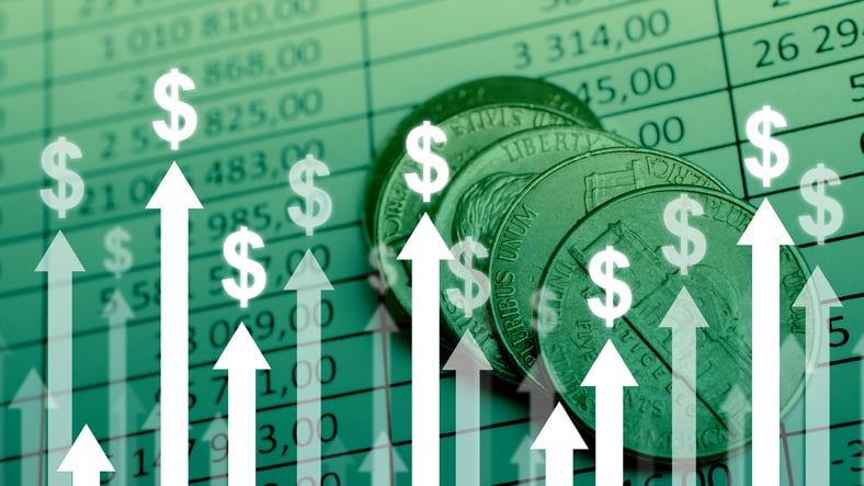 Dollar growth with upward arrows on charts