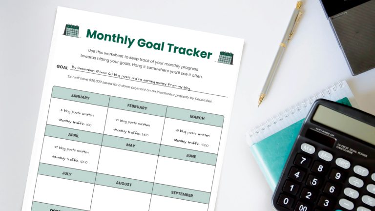A document with a chart to be used for goal tracking each month