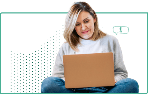 Textured graphic of woman on computer, researching personal finance