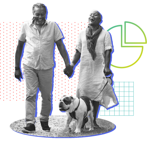 Retired couple walking dog