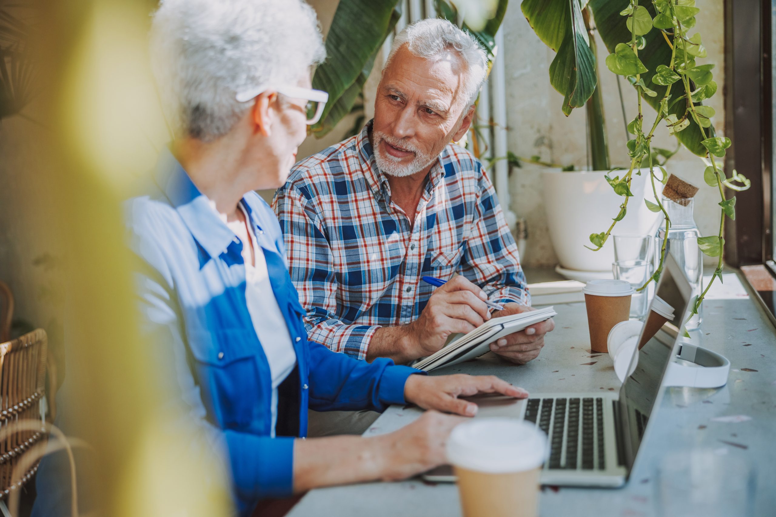 Mature adults reviewing their retirement finances on a laptop